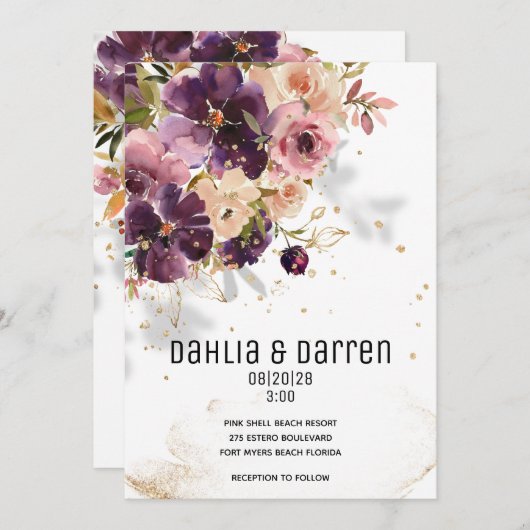 バイオレきらめくート&マウヴ結婚式招待状 案内状 (正面/裏面)