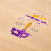 バイオレットとオレンジのスパークルスマスクマルディグラパーティー アクリル招待状 (レイダウン)