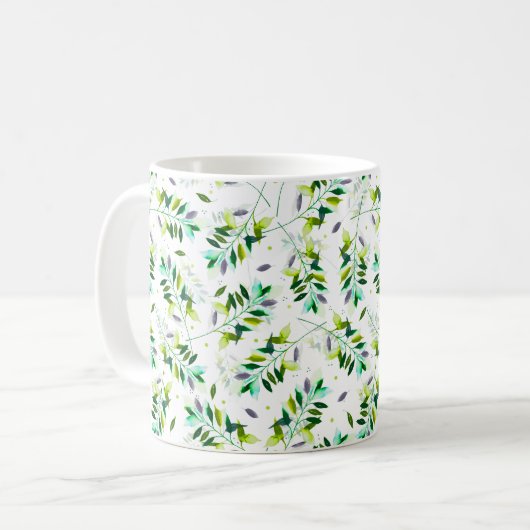 バイオレットとグリーンウォーターの色のボタニカル葉 コーヒーマグカップ (正面左)