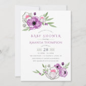 バイオレットとセージの水の色のフローラベビーシャワー 招待状 (正面)