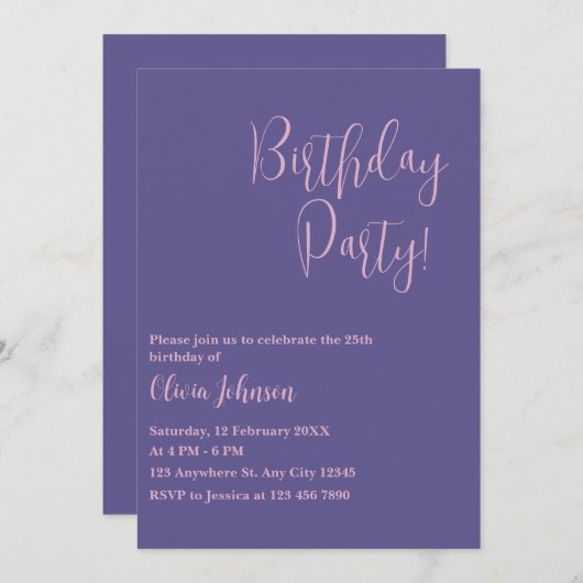 バイオレットとピンクのシンプル誕生日招待 招待状 (正面/裏面)