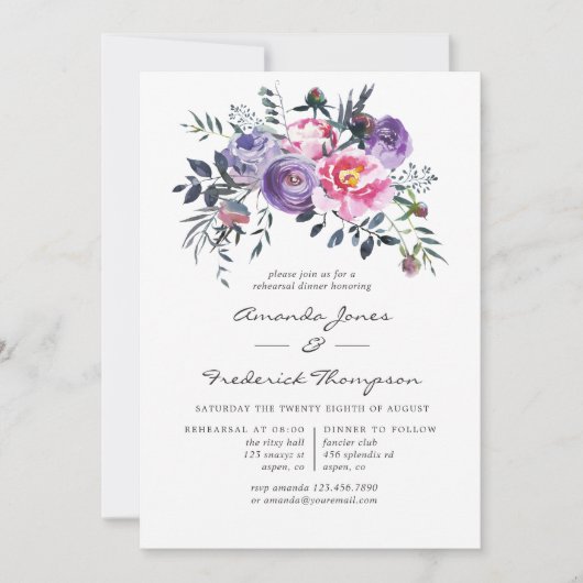 バイオレットとピンクの水の色のフローラリハーサルディナー 招待状 (正面)