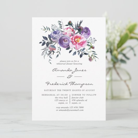 バイオレットとピンクの水の色のフローラリハーサルディナー 招待状 (スタンド正面)