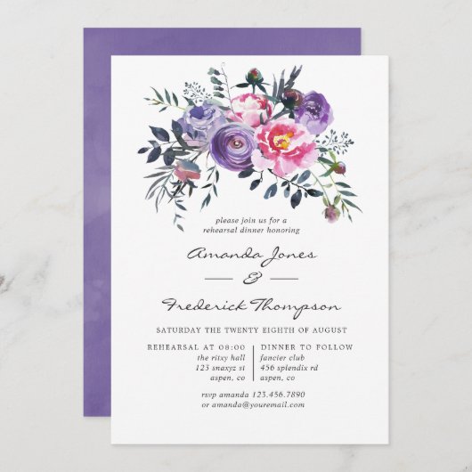 バイオレットとピンクの水の色のフローラリハーサルディナー 招待状 (正面/裏面)