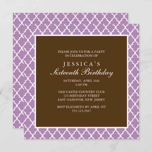 バイオレットとブラウンエレガントクローバー誕生日 招待状 (正面/裏面)