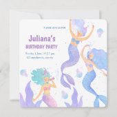 バイオレットとブルーウォーターのカラーマーメイドの誕生日 招待状 (正面)