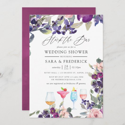 バイオレットとプラムのフローラカップルがバーをストック 招待状 (正面/裏面)