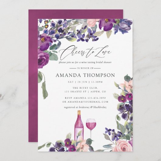 バイオレットとプラムのフローラブライダルシャワーワインテイスティング 招待状 (正面/裏面)
