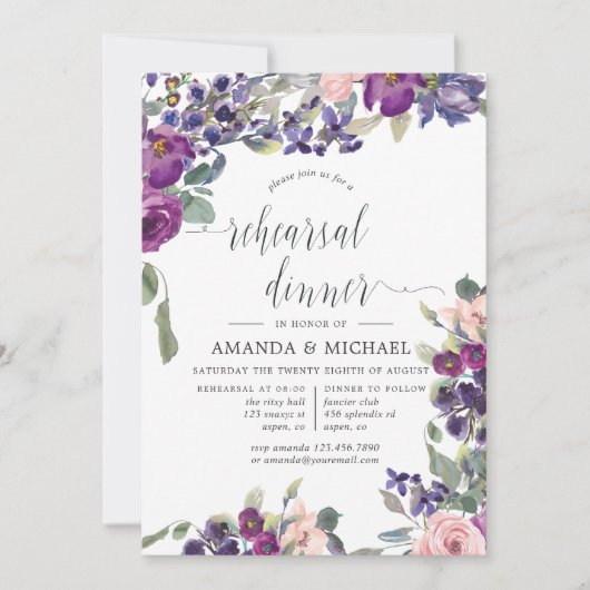 バイオレットとプラムのフローラ結婚のリハーサルディナー 招待状 (正面)