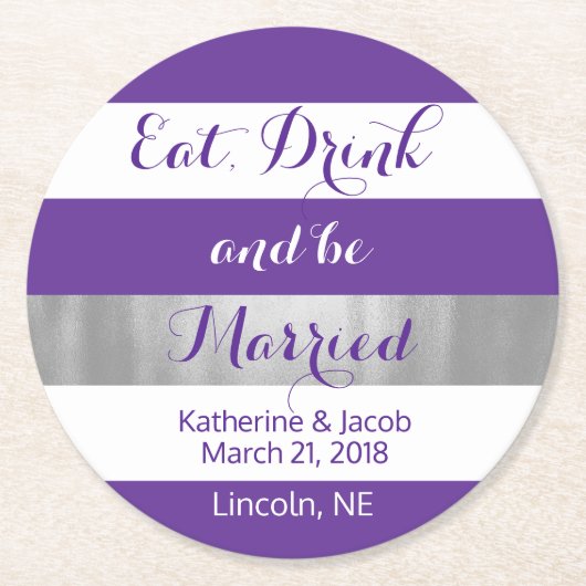 バイオレットとホワイトのストライプの紙コースター2 ラウンドペーパーコースター (正面)