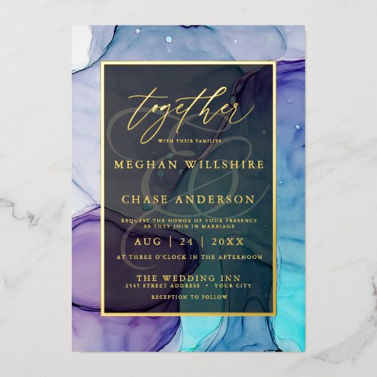 バイオレットアクア液抽象芸術インク 箔招待状 (正面)