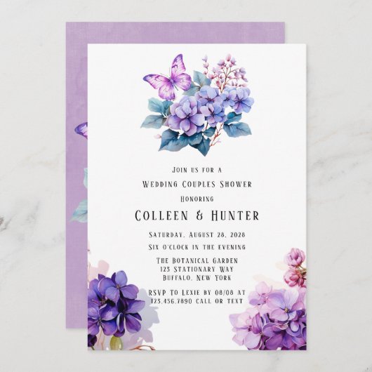 バイオレットアジサイフローラバタフライウェディングシャワー 招待状 (正面/裏面)