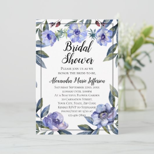 バイオレットアネモンフラワーウォーターブライダルシャワー 招待状 (スタンド正面)