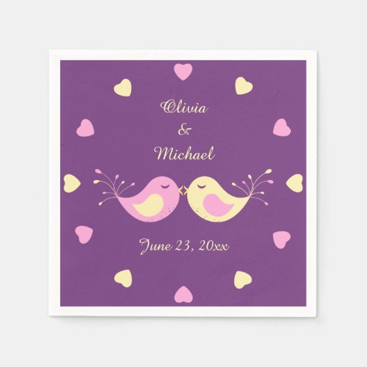 バイオレットイエローラブバードブライダルシャワー スタンダードカクテルナプキン (正面)