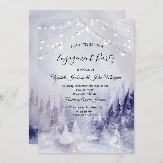 バイオレットウィンターランドスケープスノー婚約 招待状 (正面/裏面)