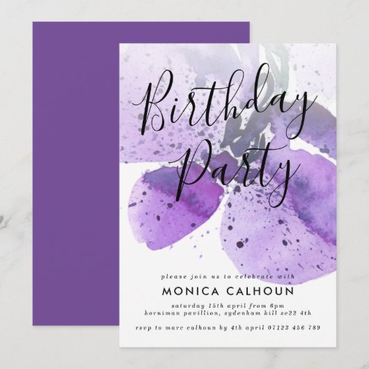 バイオレットウォーターカラーオーキッド誕生日パーティー 招待状 (正面/裏面)