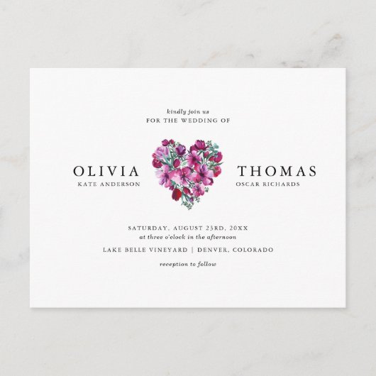 バイオレットウォーターカラーフラワーズハート結婚ブーケズ  インビテーションポストカード (正面)