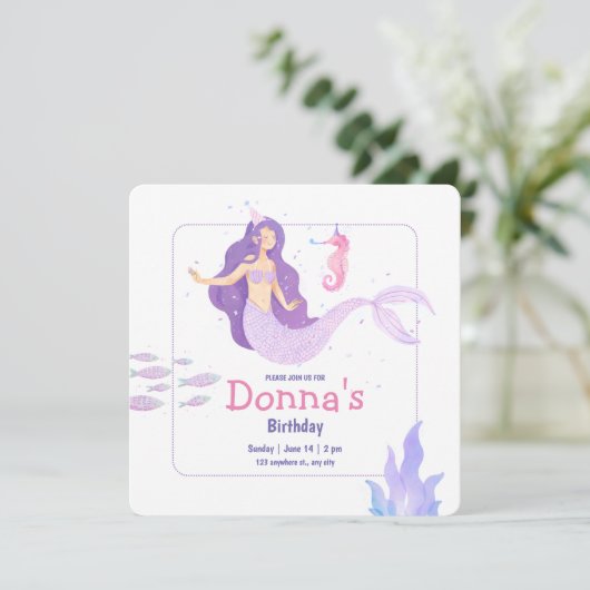 バイオレットウォーターカラーマーメイドバースデーパーティー誕生日 招待状 (スタンド正面)