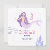 バイオレットウォーターカラーマーメイドバースデーパーティー誕生日 招待状 (正面)