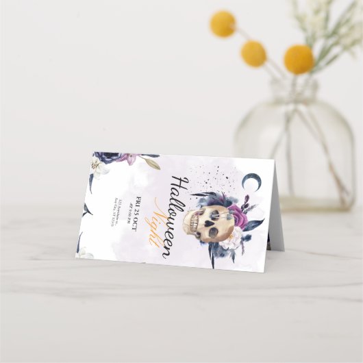 バイオレットウォーター色ハローウィンパーティゴシックスカル プレイスカード (正面)