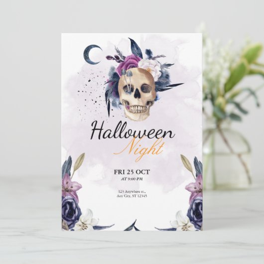 バイオレットウォーター色ハローウィンパーティゴシックスカル 招待状 (スタンド正面)