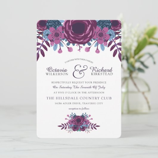 バイオレットウォーター色フローラ結婚式招待状 招待状 (スタンド正面)
