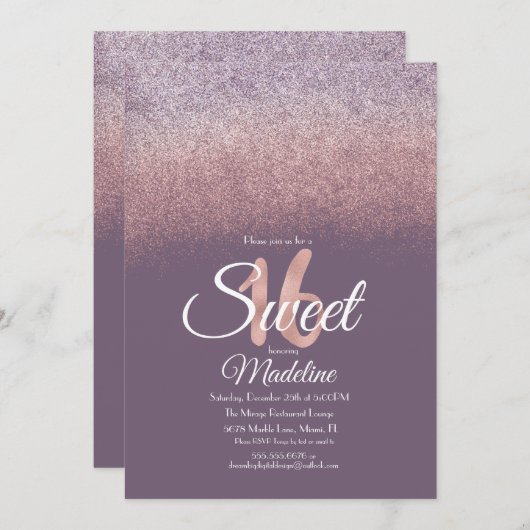 バイオレットエレガント赤面ピンクグラデーショングリッタースウィート16 招待状 (正面/裏面)