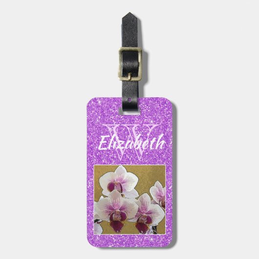 バイオレットガーリーグリッターイニシャルモノグラムカスタム写真 ラゲッジタグ (正面縦)