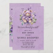 バイオレットキュートなテディベアフローラ我々は心から待つことができる 招待状 (正面/裏面)