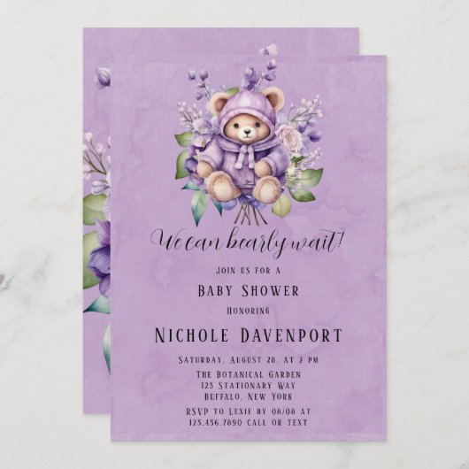 バイオレットキュートなテディベアフローラ我々は心から待つことができる 招待状 (正面/裏面)