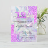 バイオレットグリッタードリップホログラフィック12誕生日 招待状 (スタンド正面)