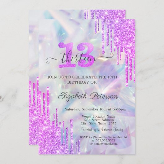 バイオレットグリッタードリップホログラフィック13誕生日 招待状 (正面/裏面)