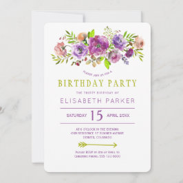 バイオレットグリーン素朴なフローラボヘミアン誕生日パーティー 招待状