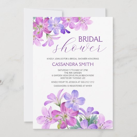 バイオレットゼラニウムグリーナリーフローラブライダルシャワー 招待状 (正面)