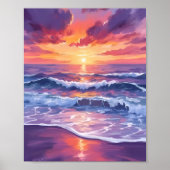 バイオレットタイド 夕焼けの紫色の海の波のアート ポスター (正面)