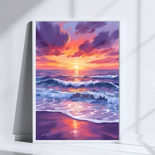 バイオレットタイド 夕焼けの紫色の海の波のアート ポスター