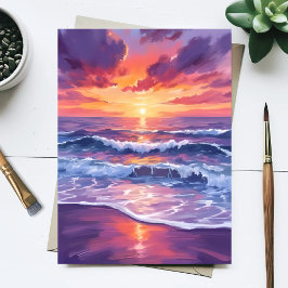バイオレットタイド｜紫の夕日が沈む海の波の絵 ポストカード