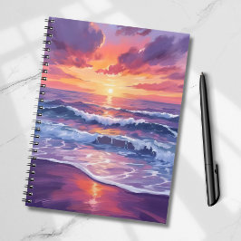 バイオレットタイド|紫色の夕焼けの海の波の絵 ノートブック