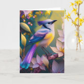 バイオレットタフテッドイエローブレストファンタジー鳥 カード (黄色い花)
