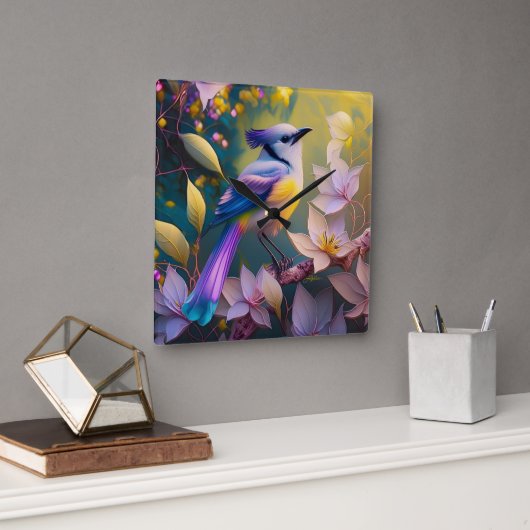 バイオレットタフテッドイエローブレストファンタジー鳥 スクエア壁時計 (オフィス)