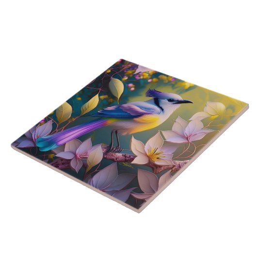 バイオレットタフテッドイエローブレストファンタジー鳥 タイル (側面)