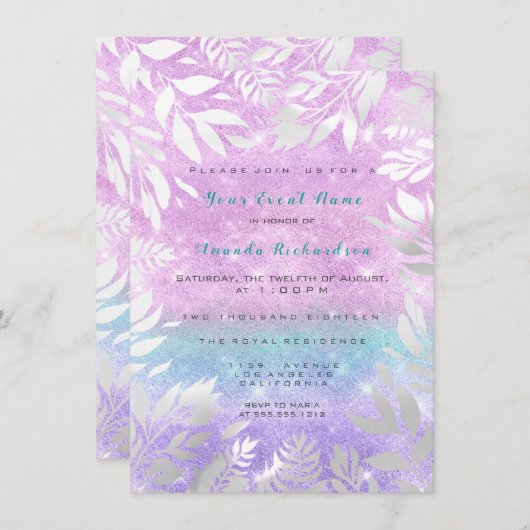 バイオレットティファニーグリッターオンブルーフラワースパークリーブライド 招待状 (正面/裏面)