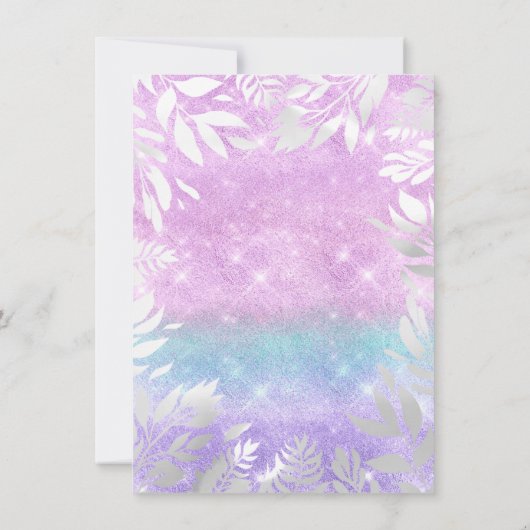 バイオレットティファニーグリッターオンブルーフラワースパークリーブライド 招待状 (裏面)