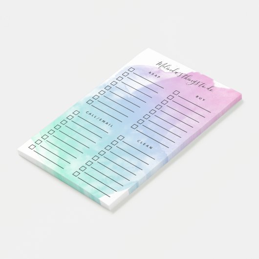 バイオレットティール（緑がかった色）の水彩洗浄の整理された作業 ポストイット (アングル)