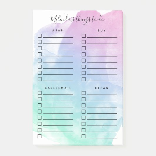 バイオレットティール（緑がかった色）の水彩洗浄の整理された作業 ポストイット (正面)