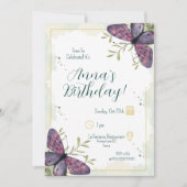 バイオレットバタフライウォーターカラー誕生日 招待状 (正面)