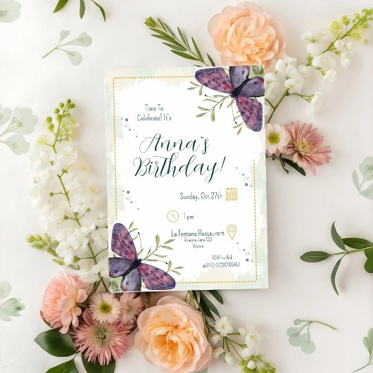 バイオレットバタフライウォーターカラー誕生日 招待状