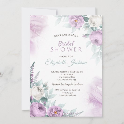 バイオレットバラ水玉模様ブライダルシャワー 招待状 (正面)
