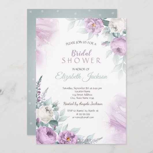 バイオレットバラ水玉模様ブライダルシャワー 招待状 (正面/裏面)
