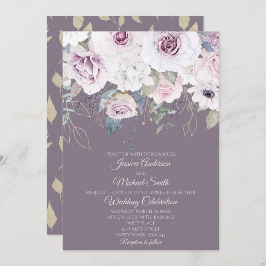 バイオレットバラ葉金ゴールドフローラ結婚ズカード 招待状 (正面/裏面)